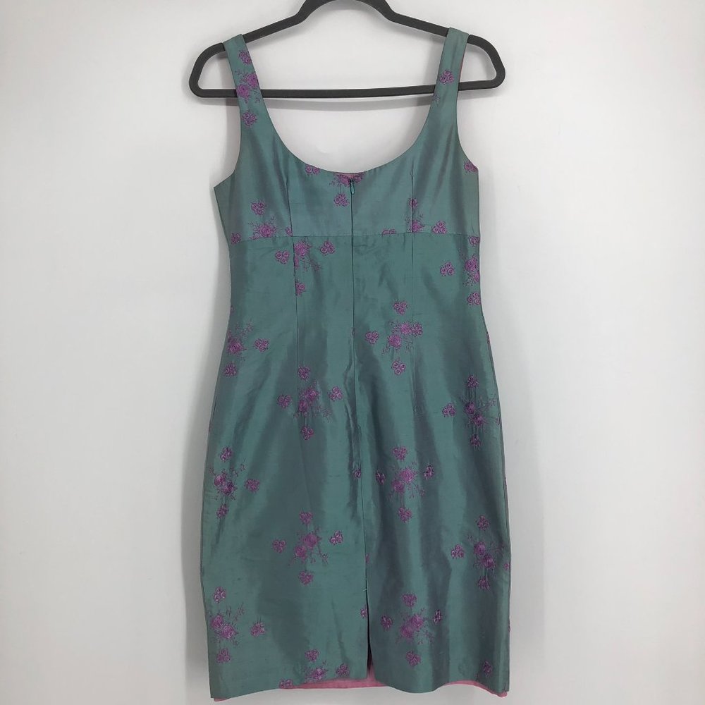 Nanette Lepore Rare Vintage Green Shimmer w/ Pink Floral Embroidery Silk Dress - Picture 4 of 14